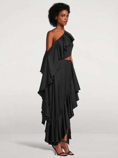 JuliaFashion-Asymmetric Ruffled One Shoulder Cutout Dress