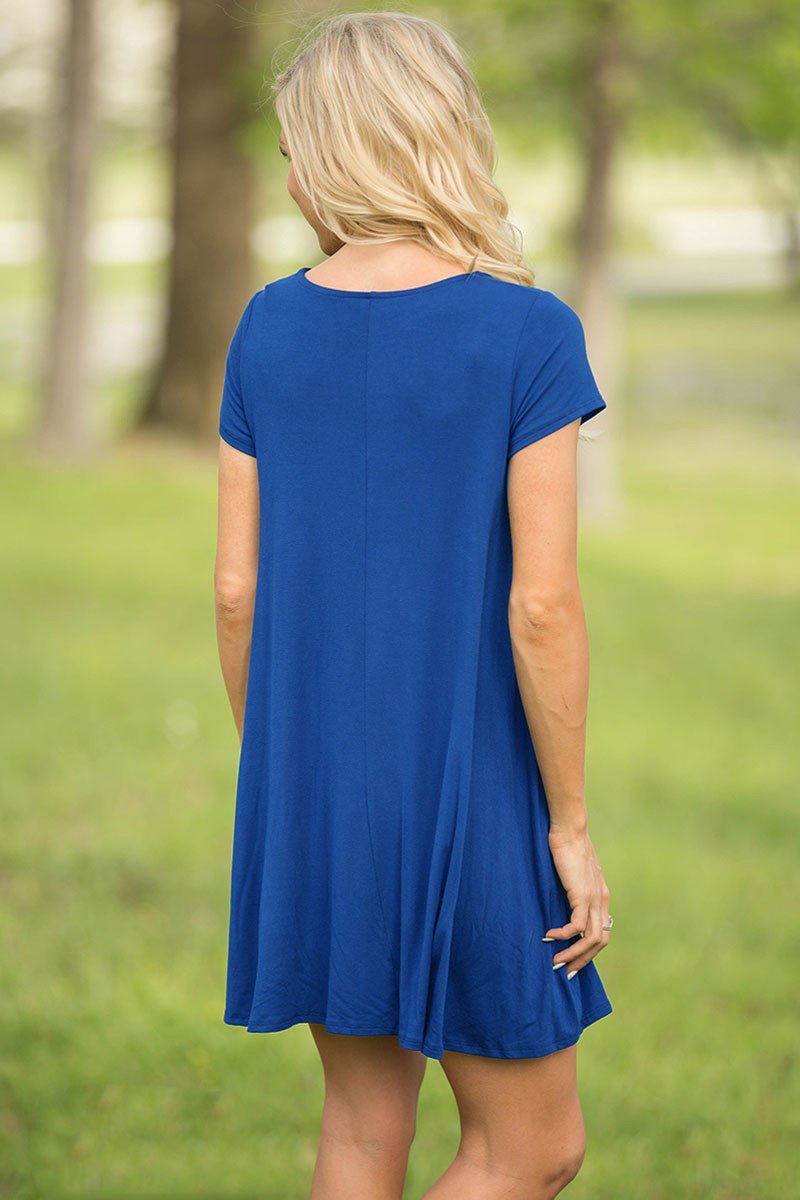 JuliaFashion-Blue Short Sleeve Flared Dress