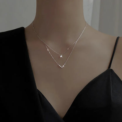 JuliaFashion - 2024 Shiny Zircon Double Layer V Necklace