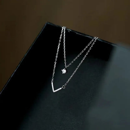 JuliaFashion - 2024 Shiny Zircon Double Layer V Necklace