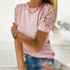 JuliaFashion - 2024 Women Short Sleeve Lace Patchwork Loose Sexy O-Neck T Shirt