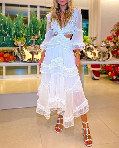 JuliaFashion-High Street White Lace Ruffle Cut Out Dress