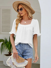 JuliaFashion - 2024 Square Collar Pleated Sleeve Tee
