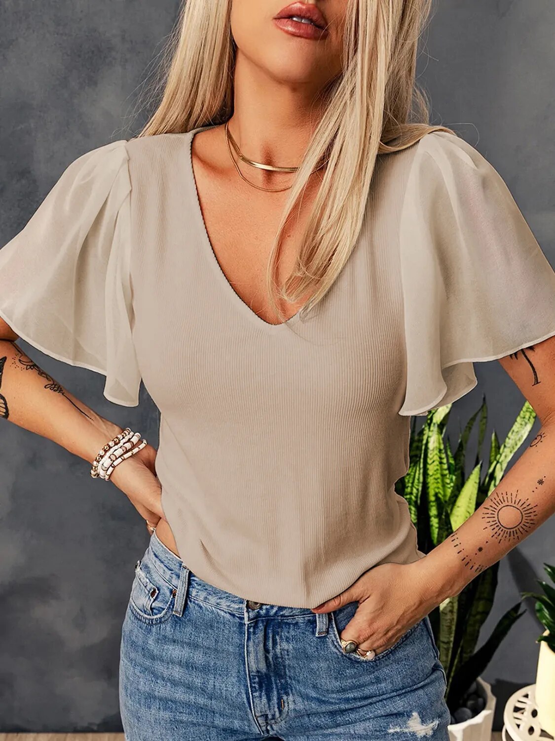 JuliaFashion-Elegant Solid V-Neck Blouses