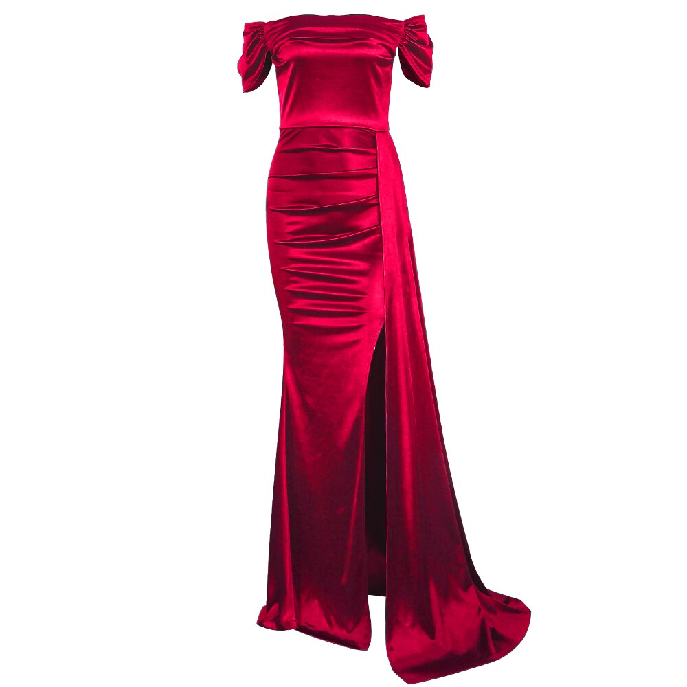 JuliaFashion-Burgundy Prom Gown Satin Stretch Dress