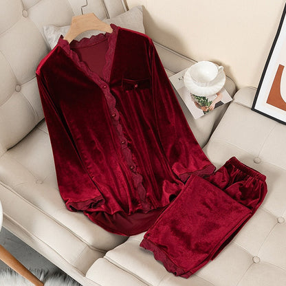 JuliaFashion - 2024 Velvet Long Sleeve Casual Nightwear Pajamas Suit