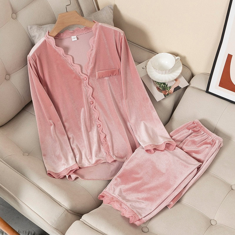 JuliaFashion - 2024 Velvet Long Sleeve Casual Nightwear Pajamas Suit