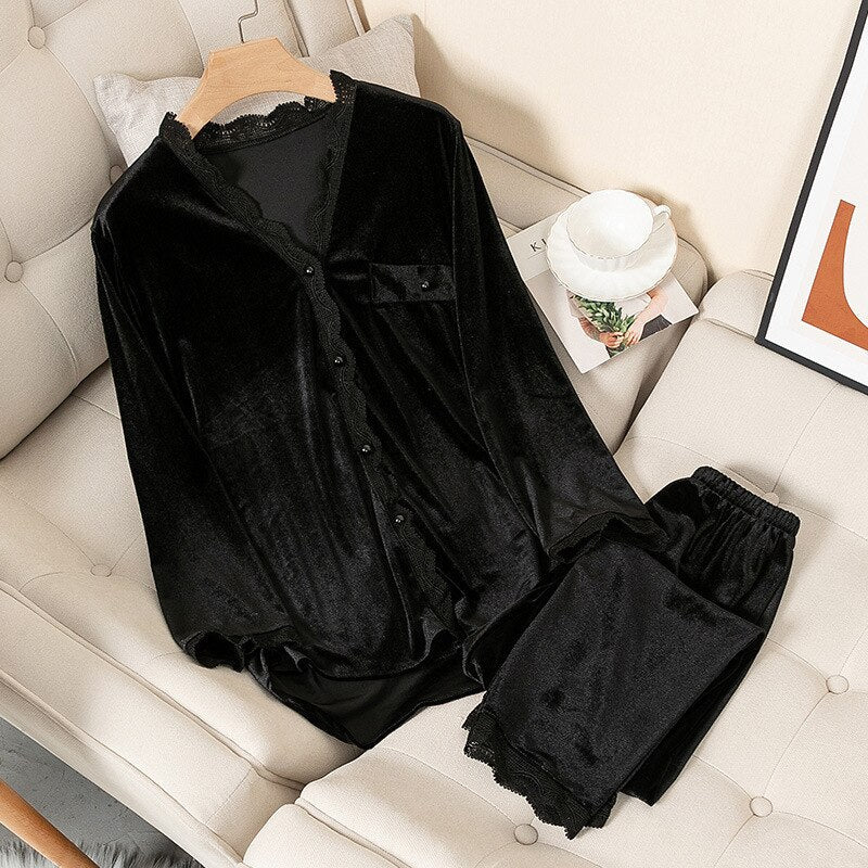 JuliaFashion - 2024 Velvet Long Sleeve Casual Nightwear Pajamas Suit