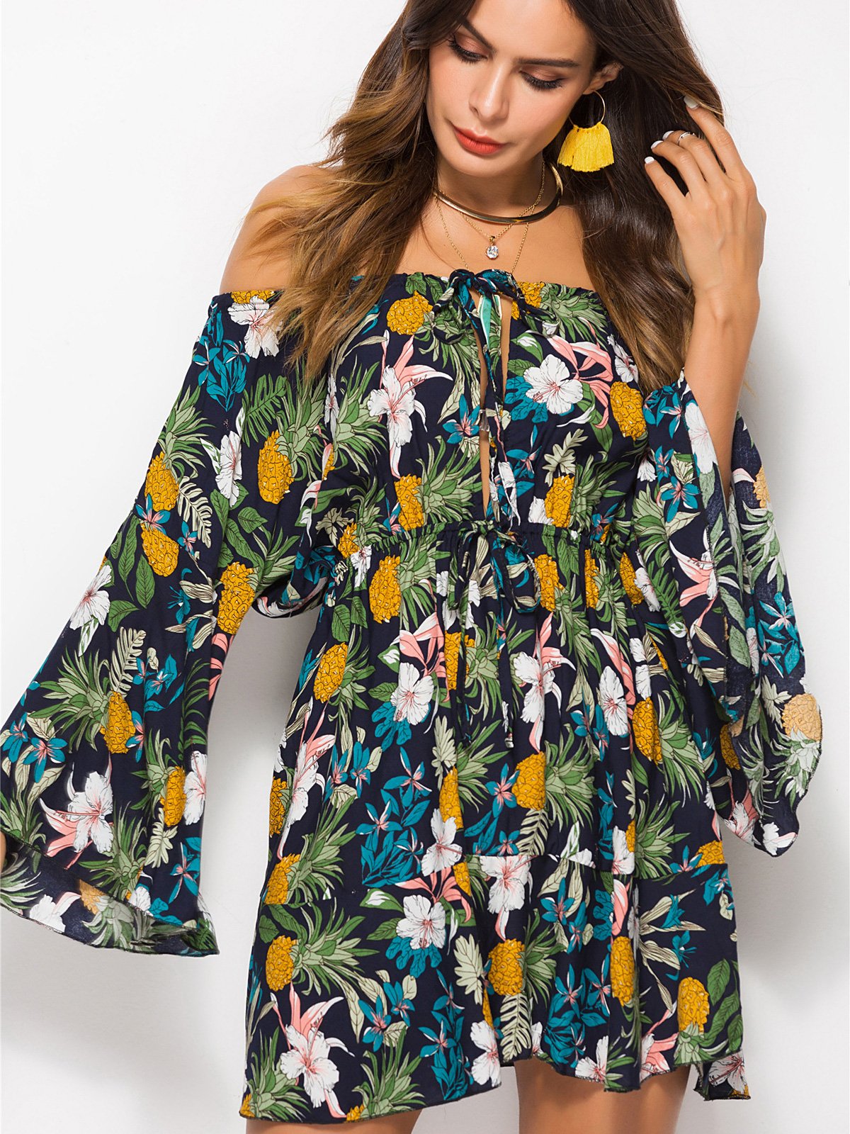 JuliaFashion - 2024 Summer Feels Pineapple Print Floral Mini Dress