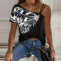 JuliaFashion-Butterfly Print One-Shoulder Tee