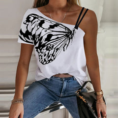JuliaFashion-Butterfly Print One-Shoulder Tee