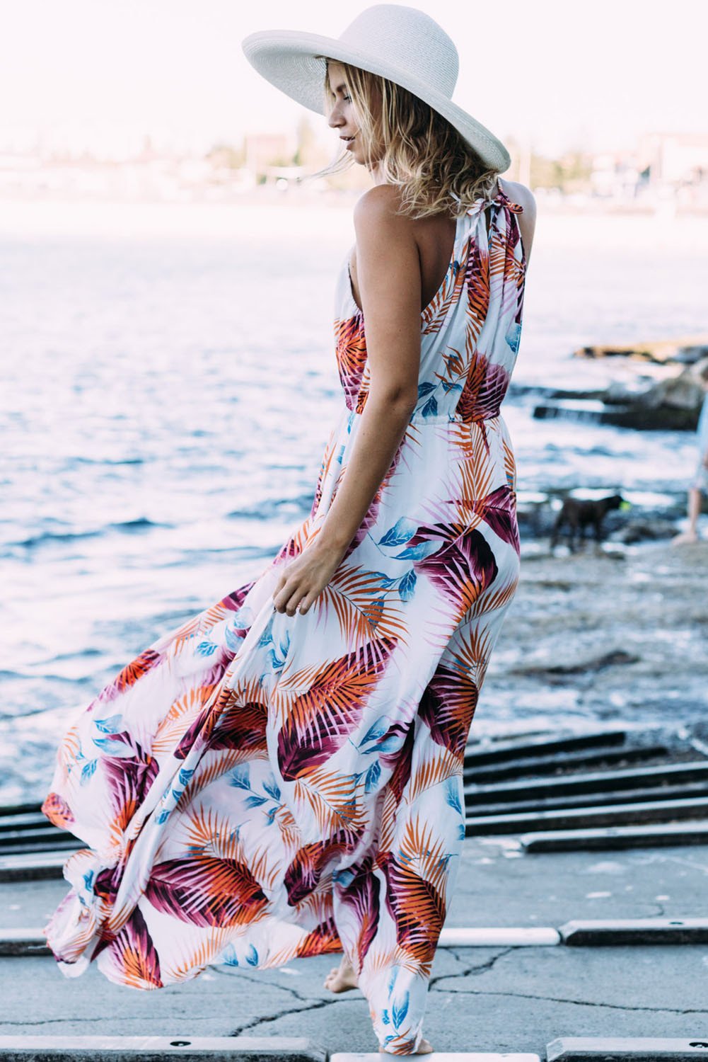 JuliaFashion - 2024 Summer Vacay Palm Leaf Print Plunging Neck Maxi Dress