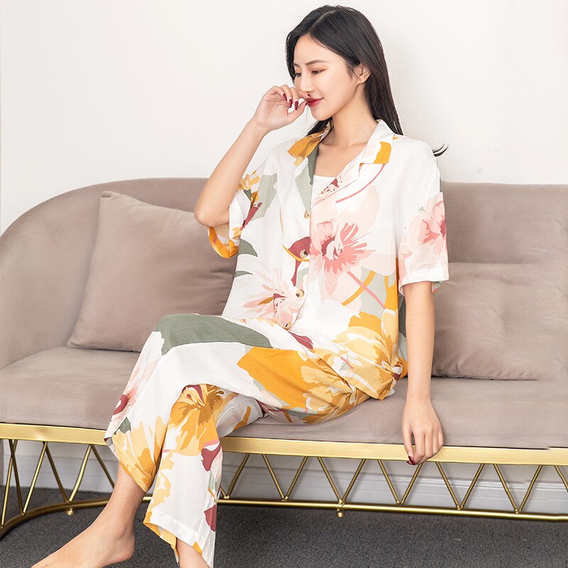JuliaFashion - 2024 Short-sleeved Cropped Trousers Pajamas Set