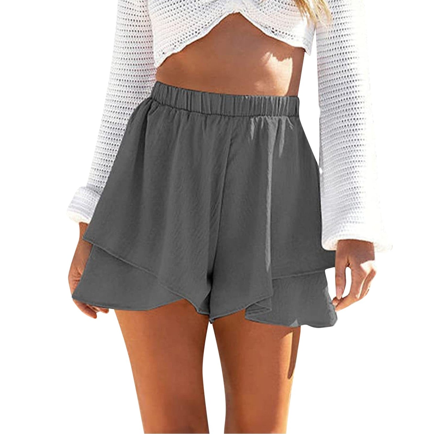 JuliaFashion-Elastic Waist Simple Solid Shorts