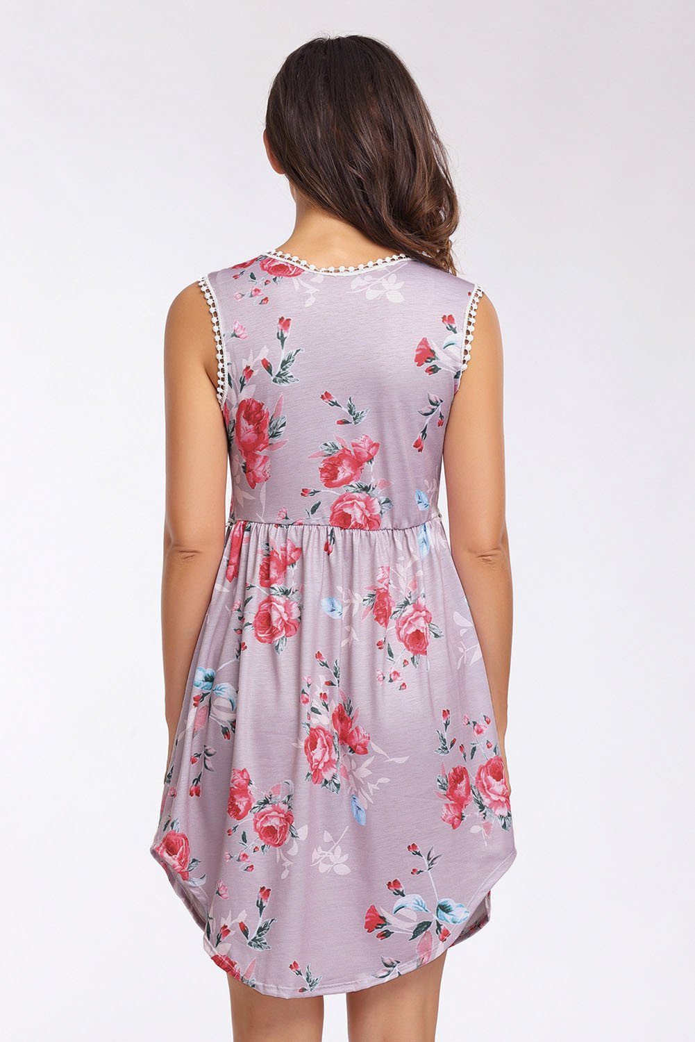 JuliaFashion-Pink Lace Trim Floral Boho Dress