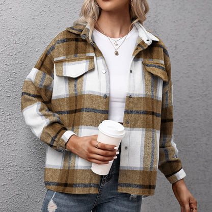 JuliaFashion - 2024 Woman Loose Casual Autumn Winter Turn-down Collar Plaid Jackets