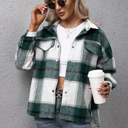 JuliaFashion - 2024 Woman Loose Casual Autumn Winter Turn-down Collar Plaid Jackets