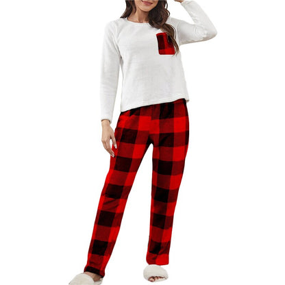 JuliaFashion-2 Pieces Female Plaid Warm Pajamas Set