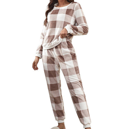 JuliaFashion-2 Pieces Female Plaid Warm Pajamas Set