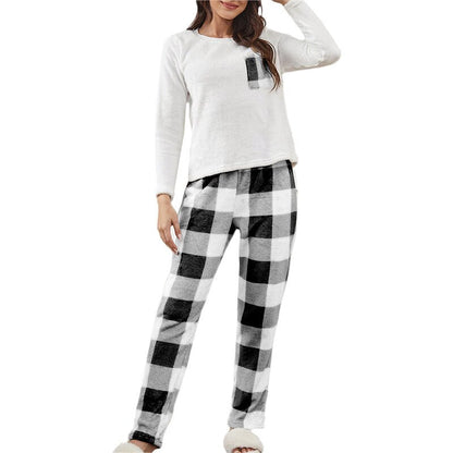 JuliaFashion-2 Pieces Female Plaid Warm Pajamas Set