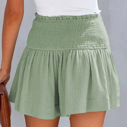 JuliaFashion-Elastic Waist Cotton Pleated Ruffle Shorts
