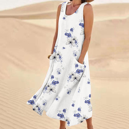 JuliaFashion - 2024 Sleeveless Round Neck Floral Midi Dress