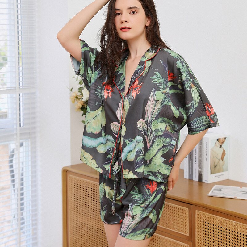 JuliaFashion - 2024 Tripical Plants Print Loose Top Sleepwear