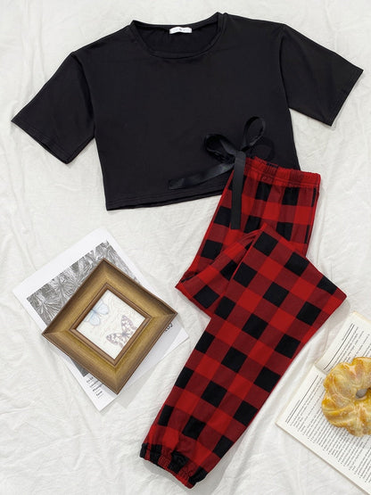 JuliaFashion - 2024 Red Black Plaid Long Pants Crop Tops Pajamas Set