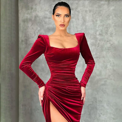 JuliaFashion - 2024 Square Neck Sexy Slit Bodycon Dress