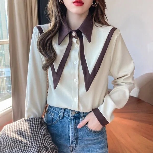 JuliaFashion - 2024 Sharp Ruffle Turn Down Collar Blouse Women Tops Korean Fashion Clothing