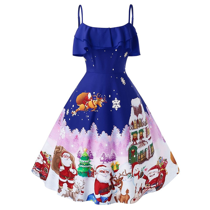 JuliaFashion-Christmas Women Winter Fall Ruffles Off The Shoulder Pattern High Waist A-line Dresses