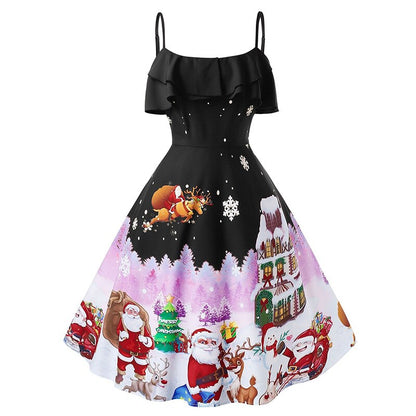 JuliaFashion-Christmas Women Winter Fall Ruffles Off The Shoulder Pattern High Waist A-line Dresses