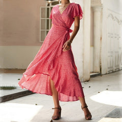 JuliaFashion - Red Dot Print Elegant Beach Midi Dress
