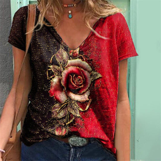 JuliaFashion - 2024 Women Summer Flower Print V-Neck Short Sleeve Tee Shirts