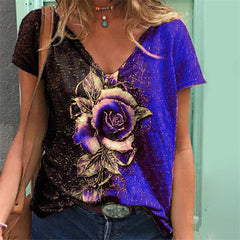 JuliaFashion - 2024 Women Summer Flower Print V-Neck Short Sleeve Tee Shirts