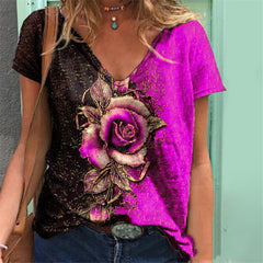 JuliaFashion - 2024 Women Summer Flower Print V-Neck Short Sleeve Tee Shirts