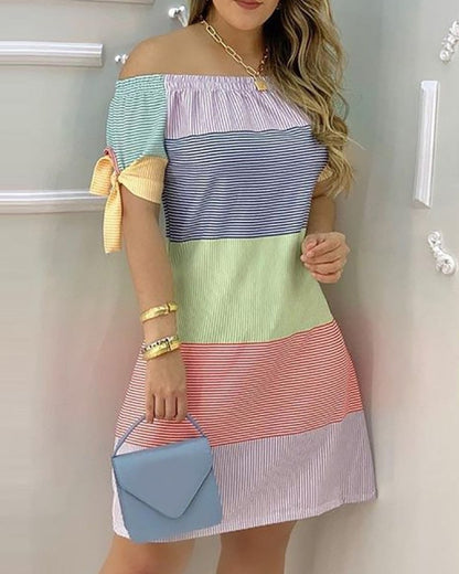 JuliaFashion - 2024 Women Off Shoulder Summer Mini Dress Short Sleeve Bow Tie Striped Plaid Floral Vestidos