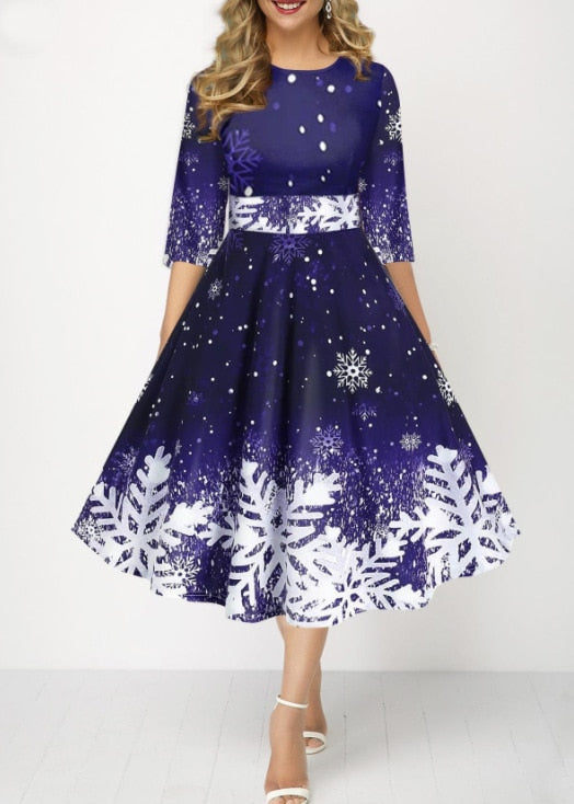 JuliaFashion-2024 Christmas Costume Party Dresses for Women Snowflake Printed Midi Party Dress