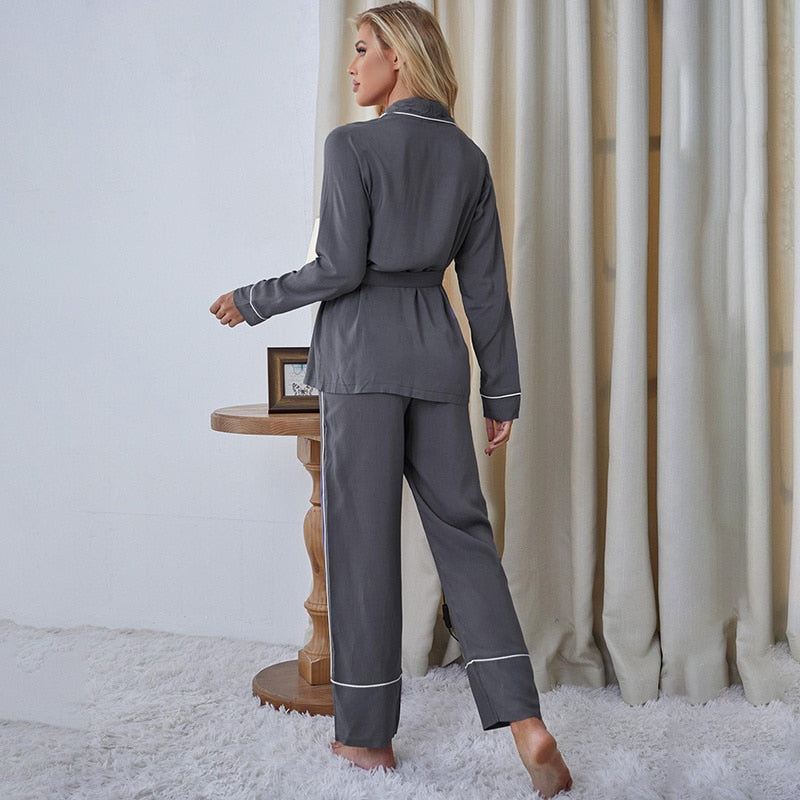 JuliaFashion - 2024 V-Neck Cotton Long Sleeve Tops And Trousers Sleepwear Suit