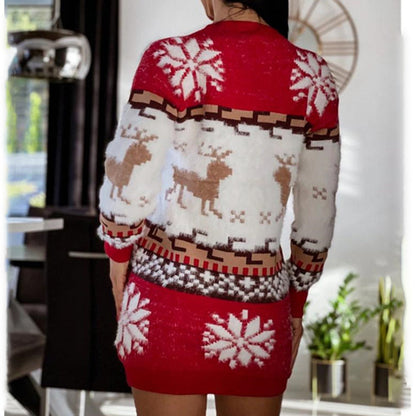 JuliaFashion - 2024 Women Christmas Knitted Long Sleeve Round Neck Sweater Dress