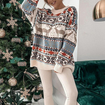 JuliaFashion-Casual O Neck Long Sleeve Pullover Women Christmas Printed Sweater