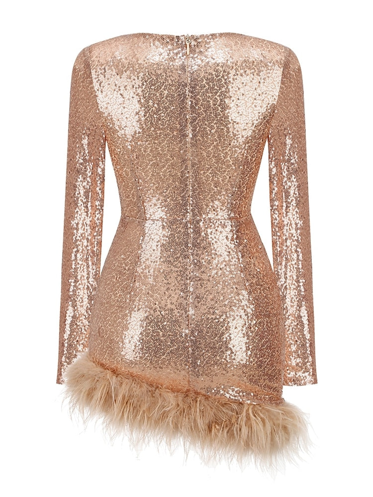 JuliaFashion - 2024 Sexy V-Neck Luxury Feather Sequin Mini Bodycon Dress