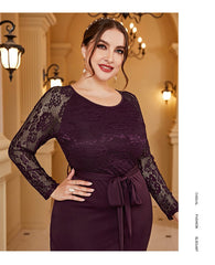 JuliaFashion-O-Neck Lace Hollow Out Bow Belt Pencil Dress