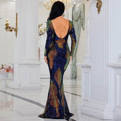 JuliaFashion-O-Neck Sequins Backless Floor Length Elegant Dresses