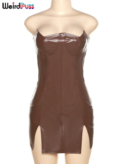 JuliaFashion - 2024 Weird Puss Women Sexy Backless Dress Split Faux Leather Trend Skinny Solid Coquette