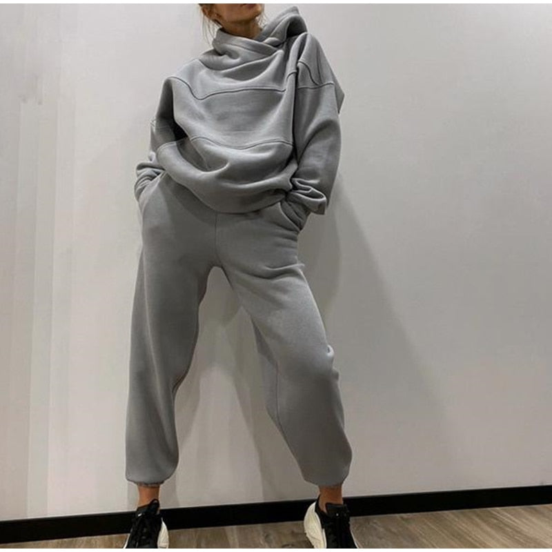 JuliaFashion-Hooded Top Elastic Waist Pant Lady 2 Piece Set