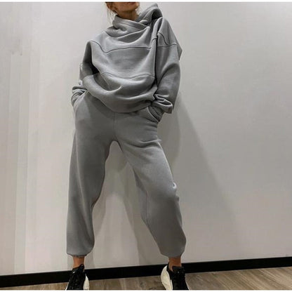 JuliaFashion-Hooded Top Elastic Waist Pant Lady 2 Piece Set