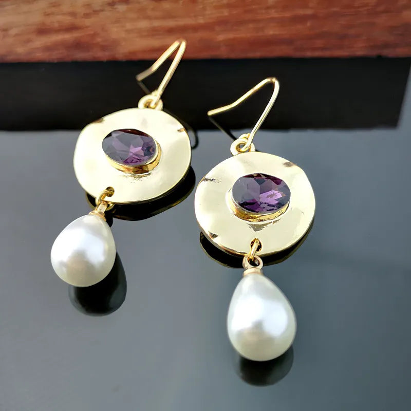 JuliaFashion - 2024 Purple Gem Gold Pendant Earrings