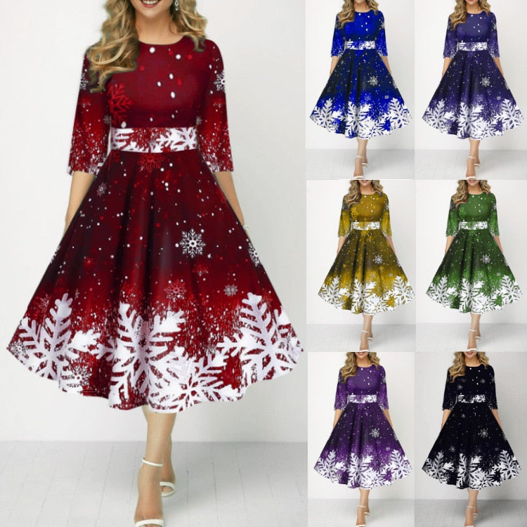 JuliaFashion-2024 Christmas Costume Party Dresses for Women Snowflake Printed Midi Party Dress