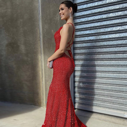 JuliaFashion - 2024 Spaghetti Strap Mermaid Shiny Maxi Evening Prom Dress